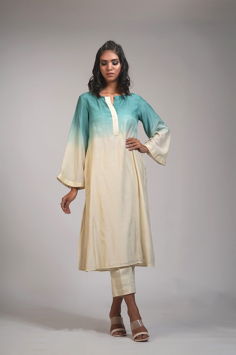 Ombre mul cotton co-ord set with flared sleeves and embroidered trousers by SHRUTI S.
