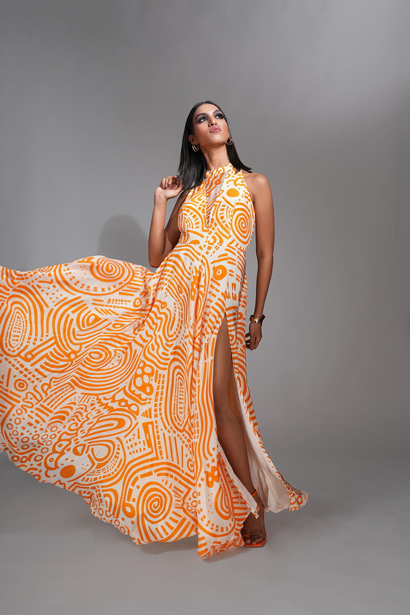 Thumbnail: Tangerine orange and off-white printed maxi dress with organza front panel by SHRUTI S