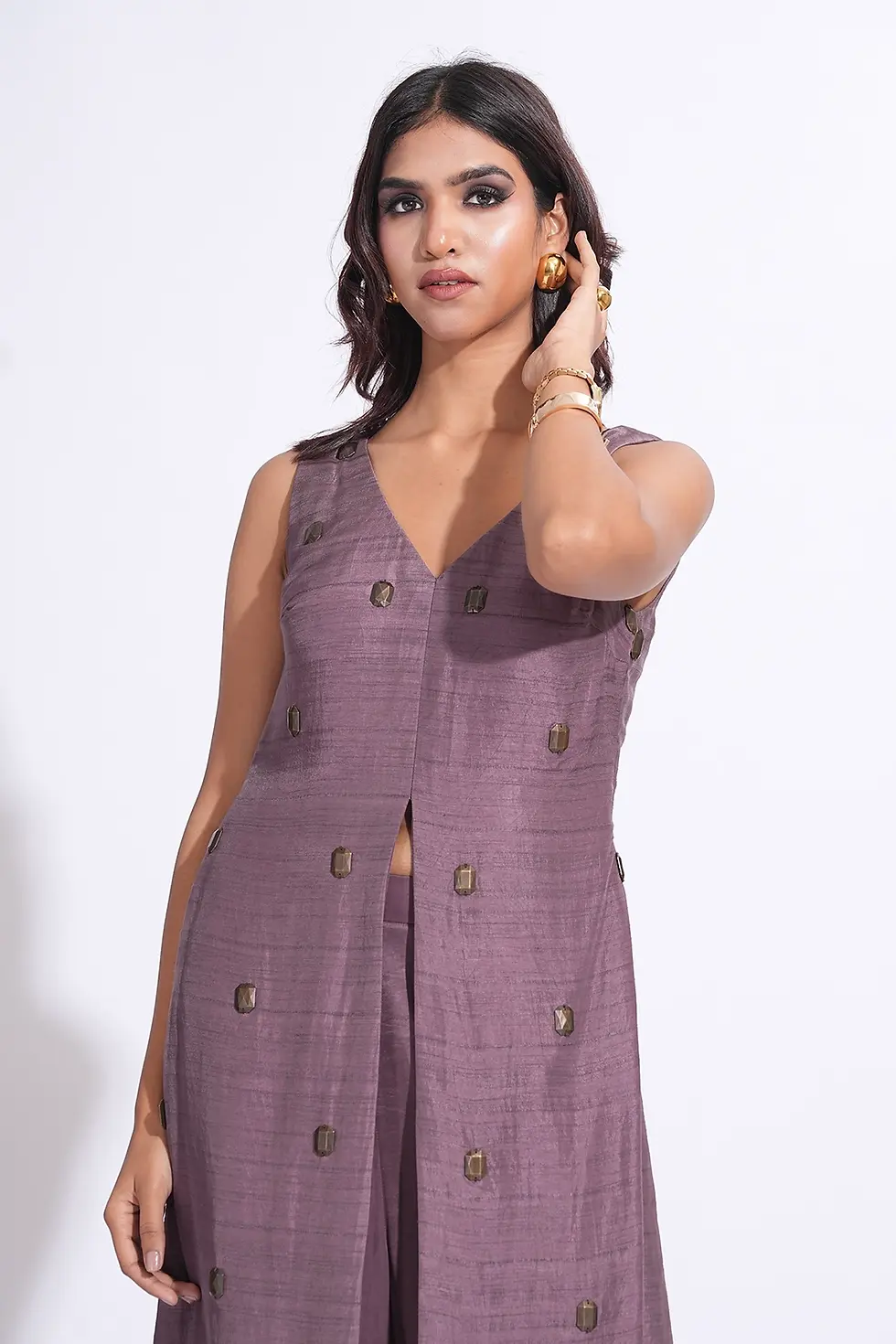 Thumbnail: Smoked Purple Raw Silk indo-western coord set with floor length shirt
