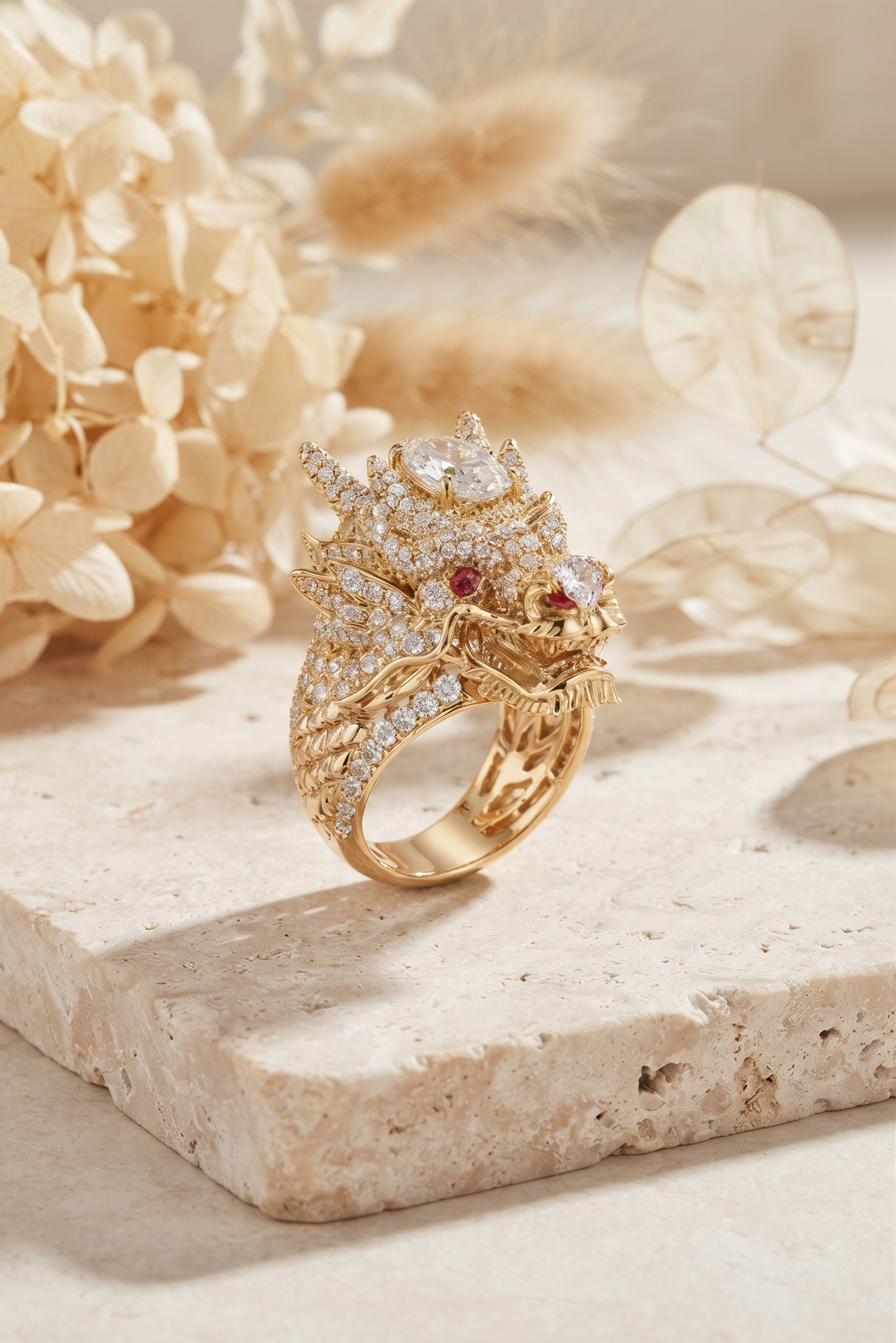 Oval Diamond Dragon Ring | Pavé Sculptural Statement Ring | Artistic Animal