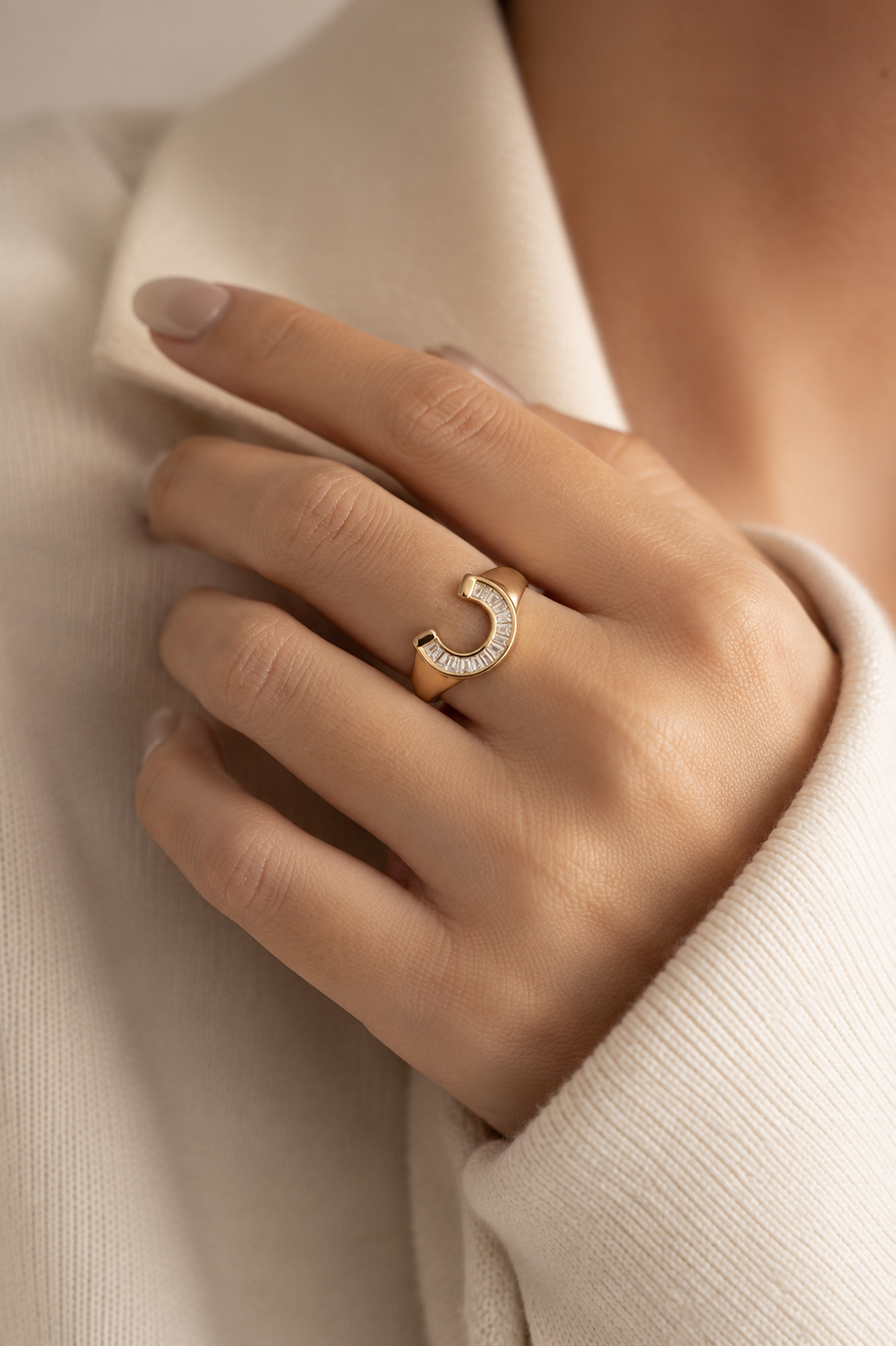 Thumbnail: Baguette Channel Set Horseshoe Signet Ring | Lucky Horseshoe Statement Ring