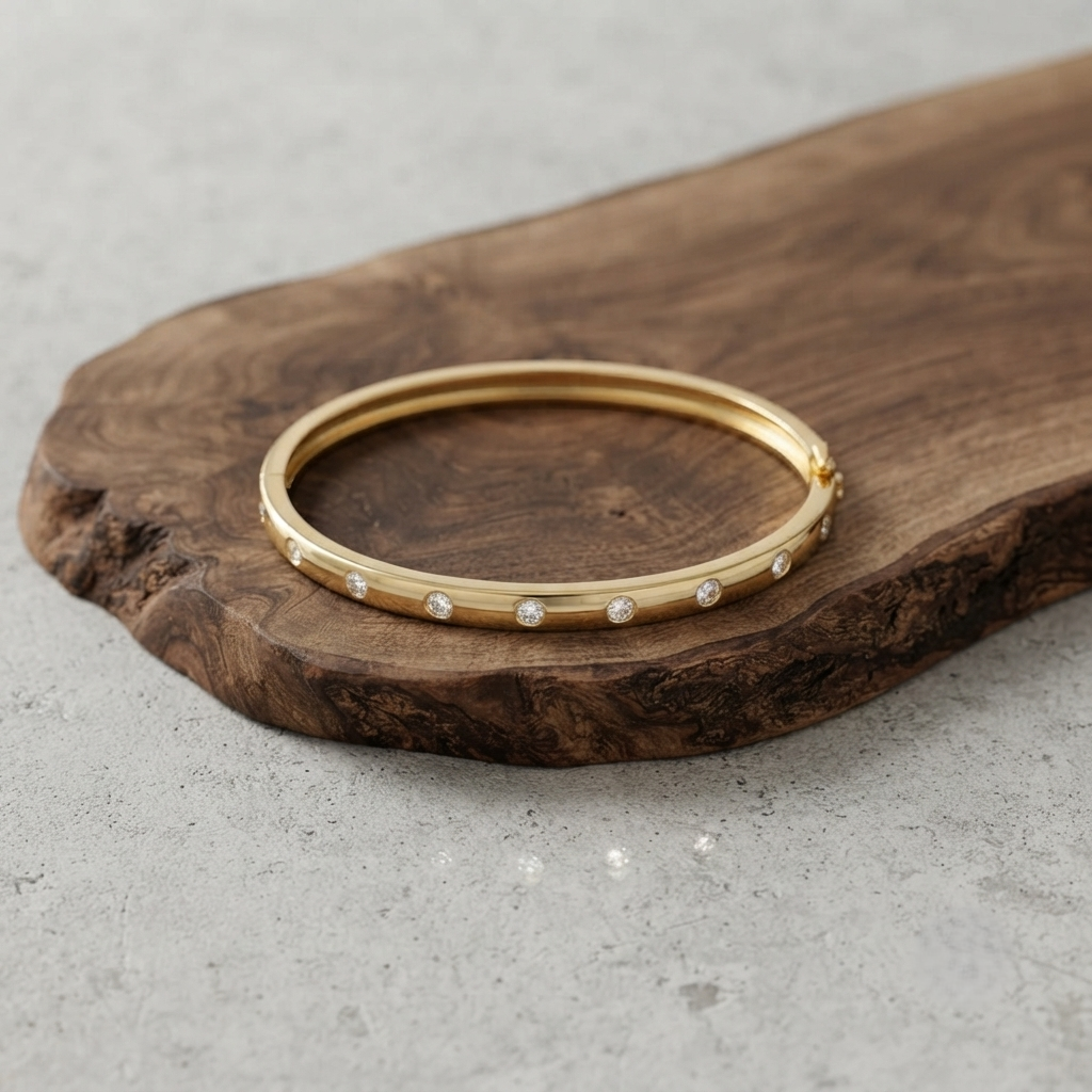 Bangle Bracelet With Moissanite Stones Stainless Steel Luxury Cuff.