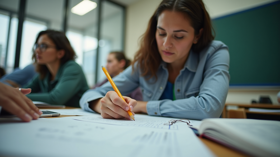 Eye-level view of a teacher working on a lesson plan