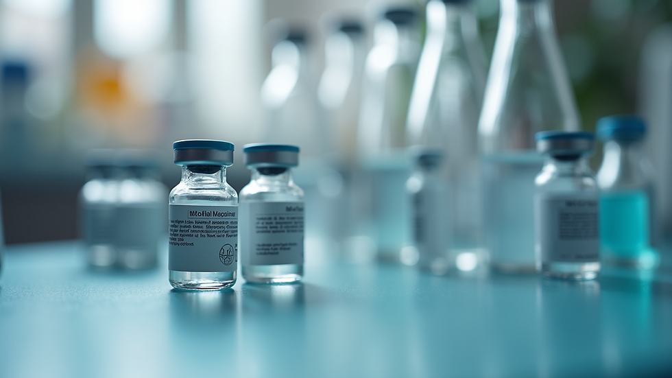 Close-up view of vaccine vials on a lab table
