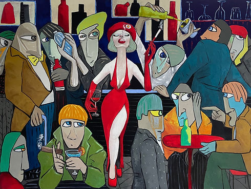 Lady in red holding court 150 x 200 cm