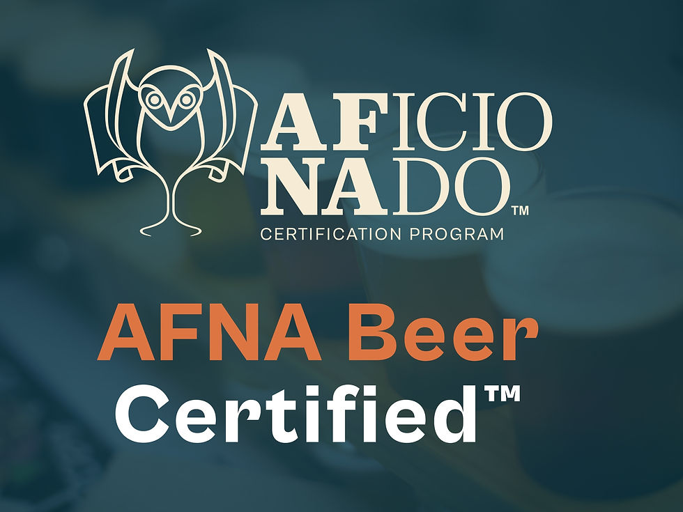 AFNADO Certification Program logo over blurred beer glasses. Text reads: "AFNA Beer Certified". Owl graphic included.