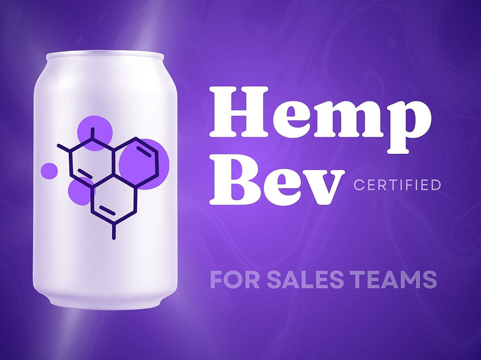 White can with a purple molecular pattern on a swirling purple background. Text reads "Hemp Bev Certified" and "For Sales Teams".