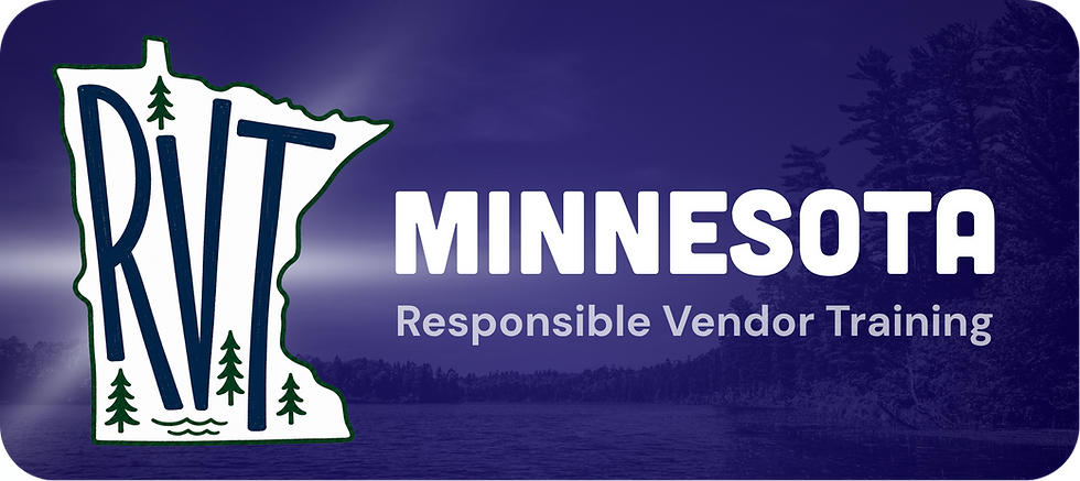 Minnesota outline with "RVT" inside, dark trees background, text reads "MINNESOTA Responsible Vendor Training" in white, blue gradient.