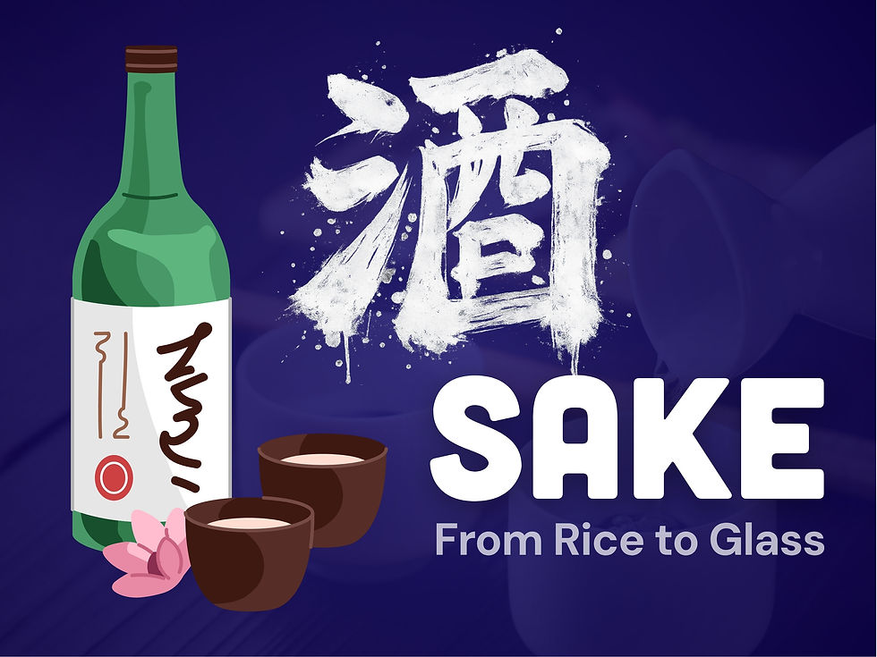 Sake: From Rice to Glass Course logo with illustration and pained Sake character symbol