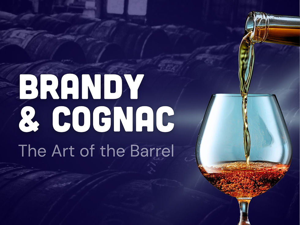 Brandy & Cognac poster with liquor pouring into a glass amid barrel background; text reads The Art of the Barrel.