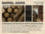 Barrel aging infographic with stacked oak barrels in a warehouse, char levels, and a worker; text says Aged to taste, not to time.