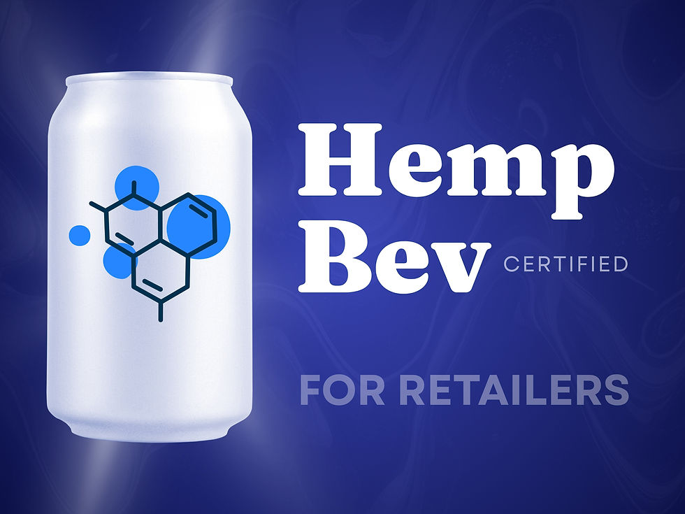 White can with blue molecular design on dark blue background. Text: "Hemp Bev Certified" and "For Retailers."