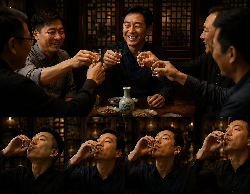 Four men toast with shot glasses in a dimly lit room. A vase and plates are on the table. They smile, creating a warm, joyous mood.