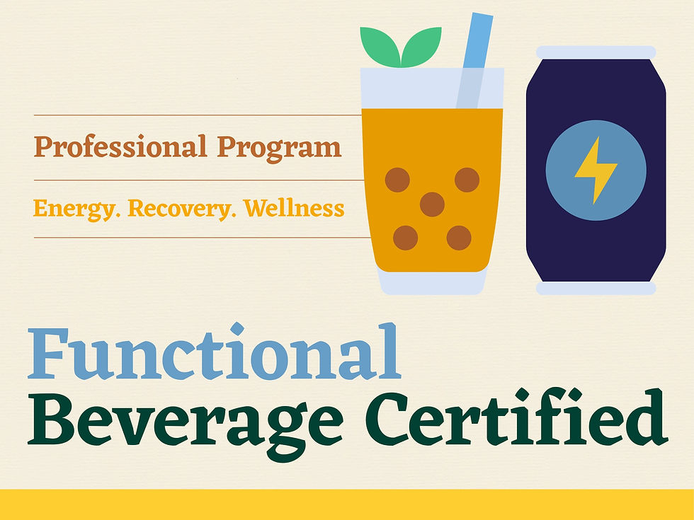 Course Logo with text: "Professional Program, Energy, Recovery, Wellness. Functional Beverage Certified." Features bubble tea and can.