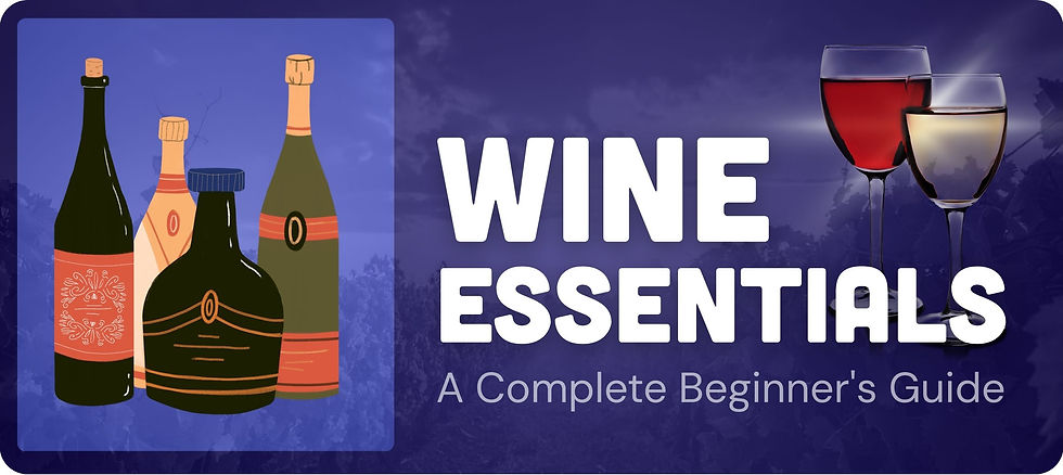 Wine poster with bottles and two filled glasses on a purple background, titled WINE ESSENTIALS: A Complete Beginner's Guide