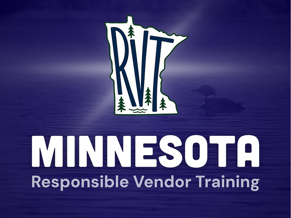 Minnesota RVT logo over a calm, purple lake with a loon. Text: "MINNESOTA Responsible Vendor Training." Image has a serene mood.