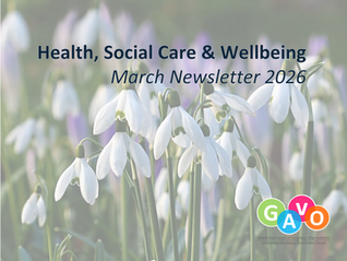 Health, social care, and wellbeing March Newsletter 2026. GAVO logo and background is snowdrops. 