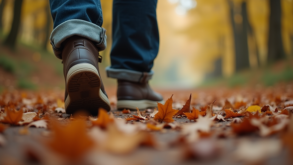 Close-up view of a person’s feet walking slowly on a forest path covered with autumn leaves