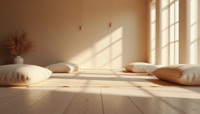 A serene meditation space with cushions and soft lighting