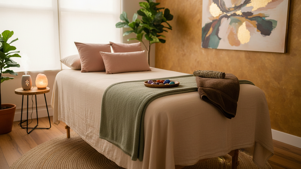 Eye-level view of a serene Reiki healing room with soft lighting and calming decor