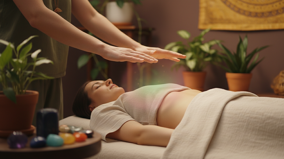 Close-up view of a Reiki practitioner's hands gently hovering above a client's body