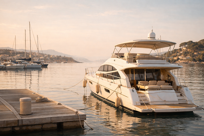 Yacht de luxe au coucher du soleil.png