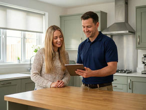 male spray foam removal worker and woman in a kitchen