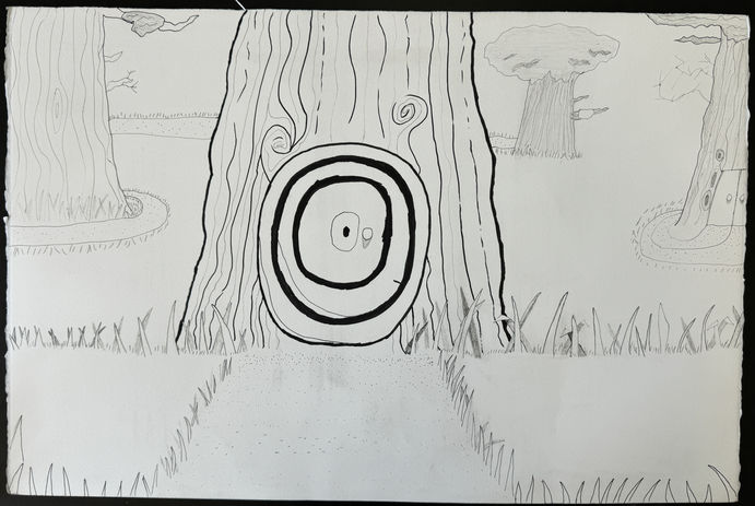 Forest with trees, with a specific few that has a single door.
