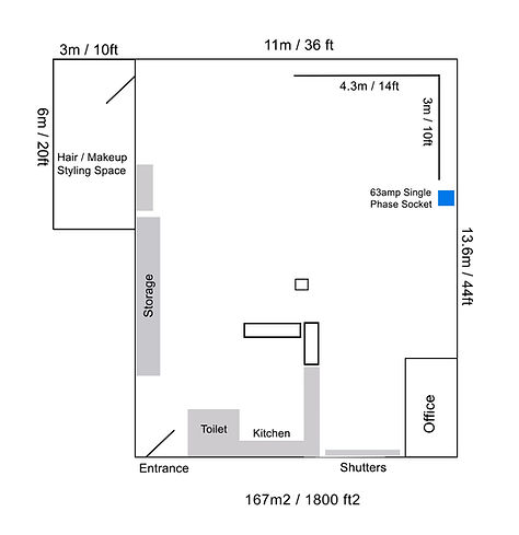 Bourbon Studio floor plan: 11m × 13.6m main floor with kitchen, makeup room and corner set