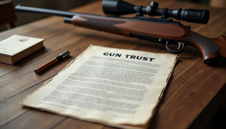 Eye-level view of a wooden table with a neatly arranged gun trust document and a hunting rifle