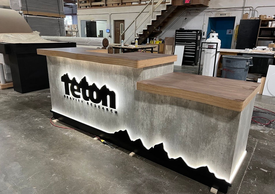A custom made cash wrap at Teton with LED backlighting.