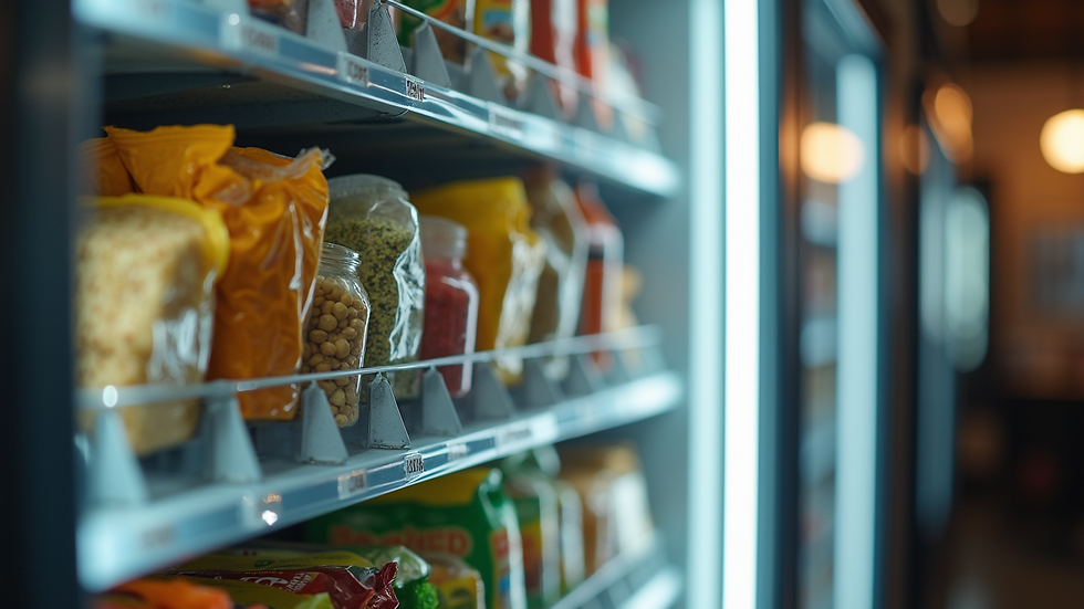 Close-up view of a healthy vending machine filled with nutritious snacks