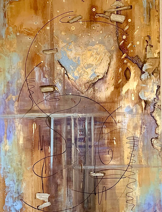 Large abstract painting with  pages of Lord Byron's poetry from 1831. colors of brown, gold, robins egg blue and light violet. Artwork by Lisa Nevot.