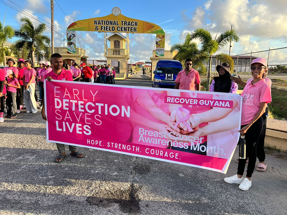 Members of Recover Guyana, Youths on the Rise Guyana, and dedicated volunteers assembled to commence the Breast Cancer Awareness Walk.