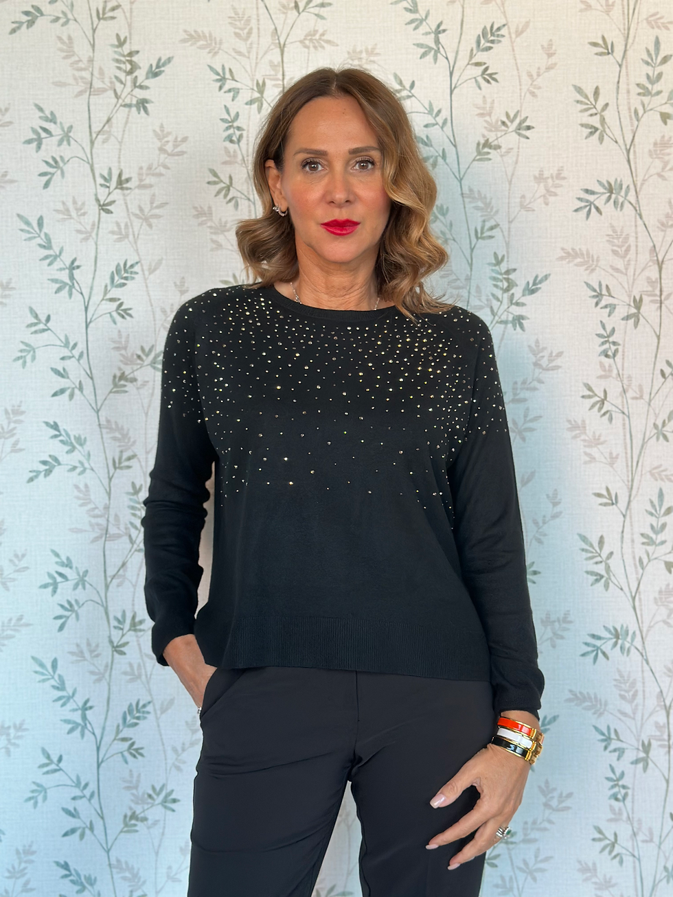 MAGLIA RAFFAELLA CON STRASS MANICA LUNGA - NERO -🌿VISCOSA - GF5636