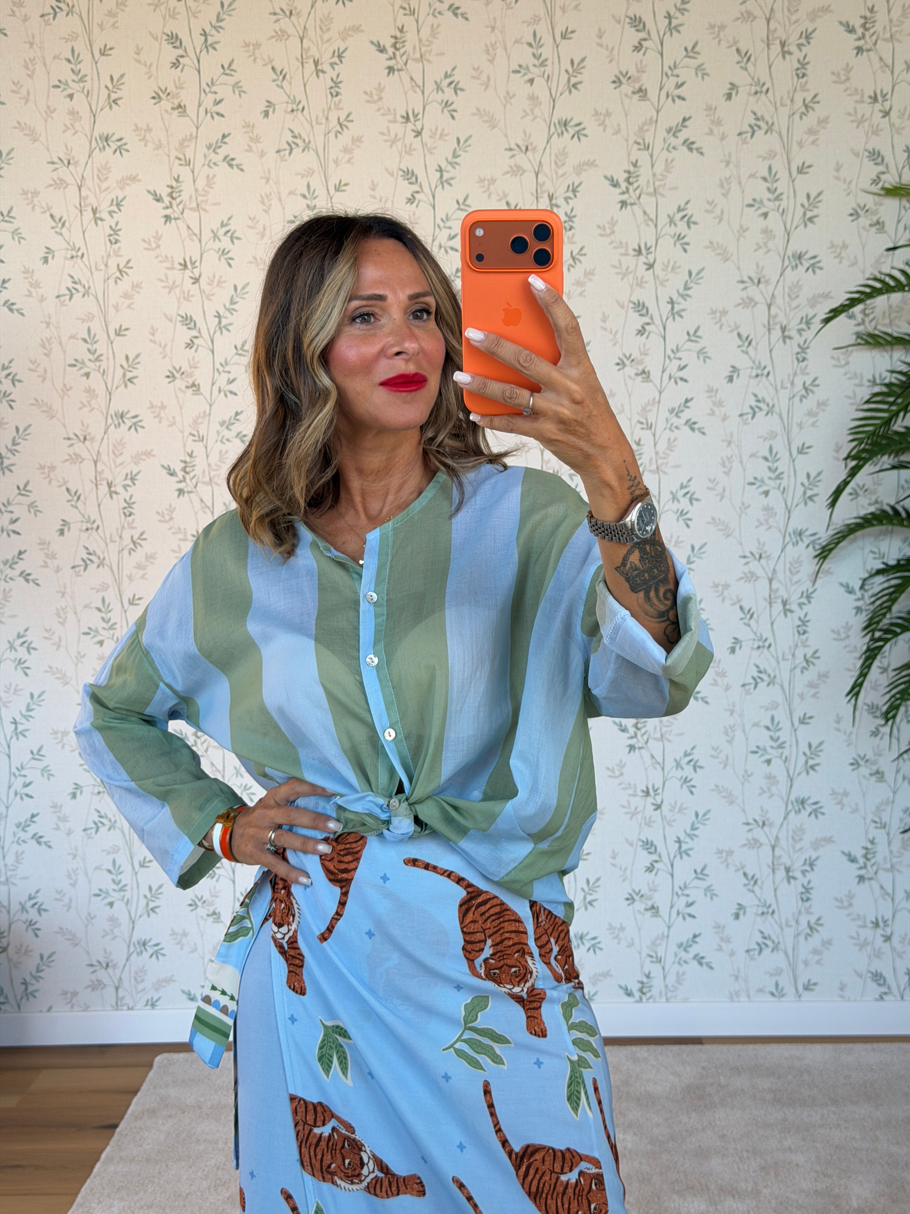 CAMICIA A RIGHE - AZZURRO E VERDE SALVIA -🌱MUSSOLA DI COTONE -KS3556 -TG UNICA