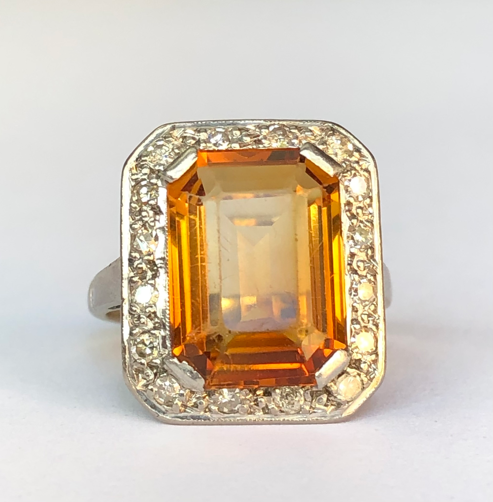 Art Deco 18ct white gold citrine diamond ring, UK M, US 6.25-6.5