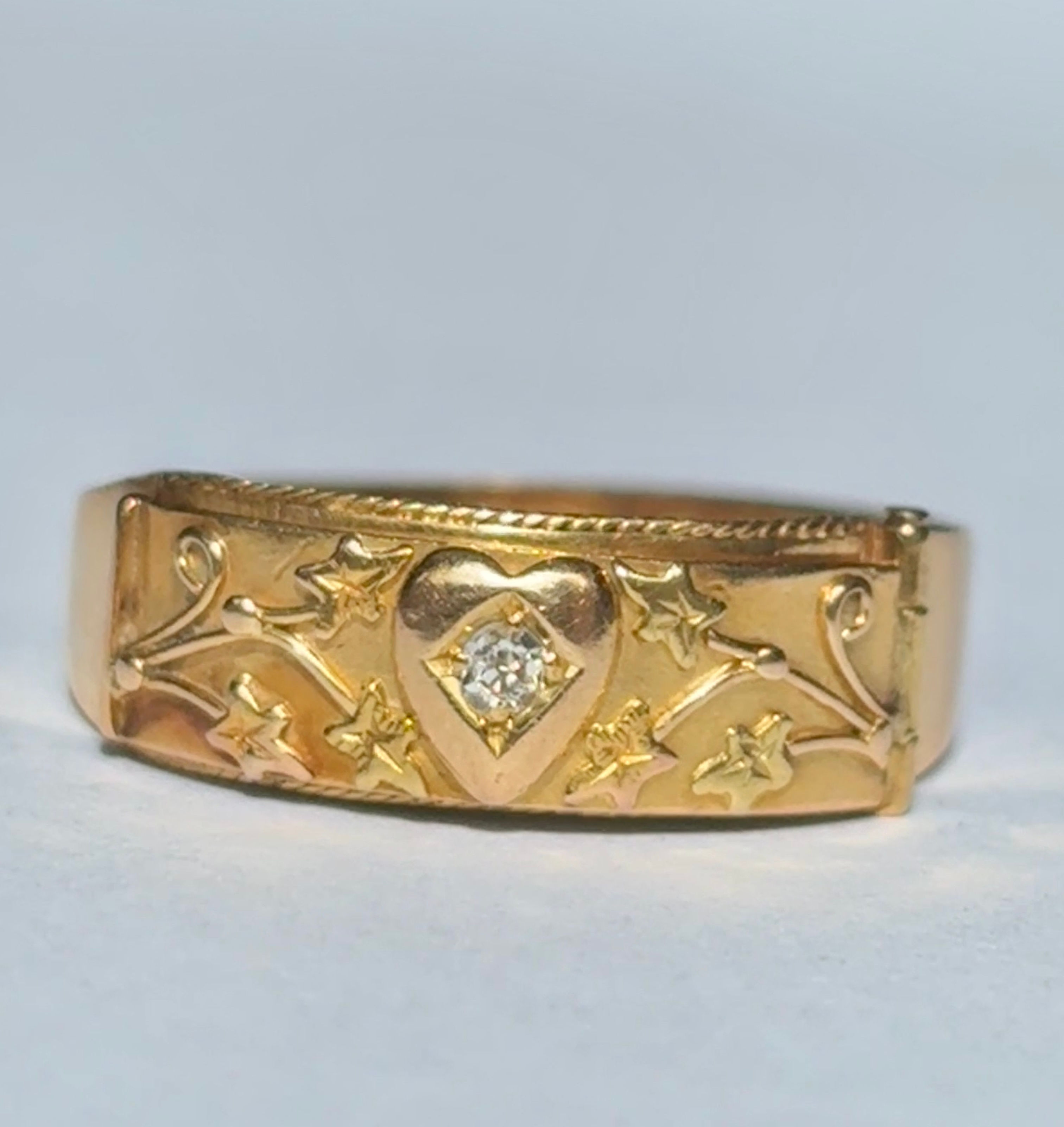 Antique 18ct gold ivy diamond heart Mizpah ring, UK Q-Q.5, US 8.5
