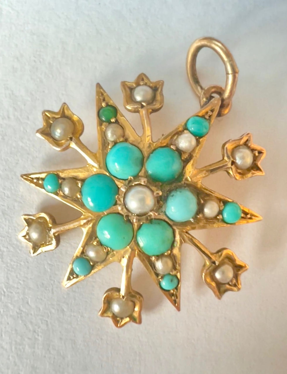 Antique 9ct gold turquoise pearl star pendant Old darling antiques