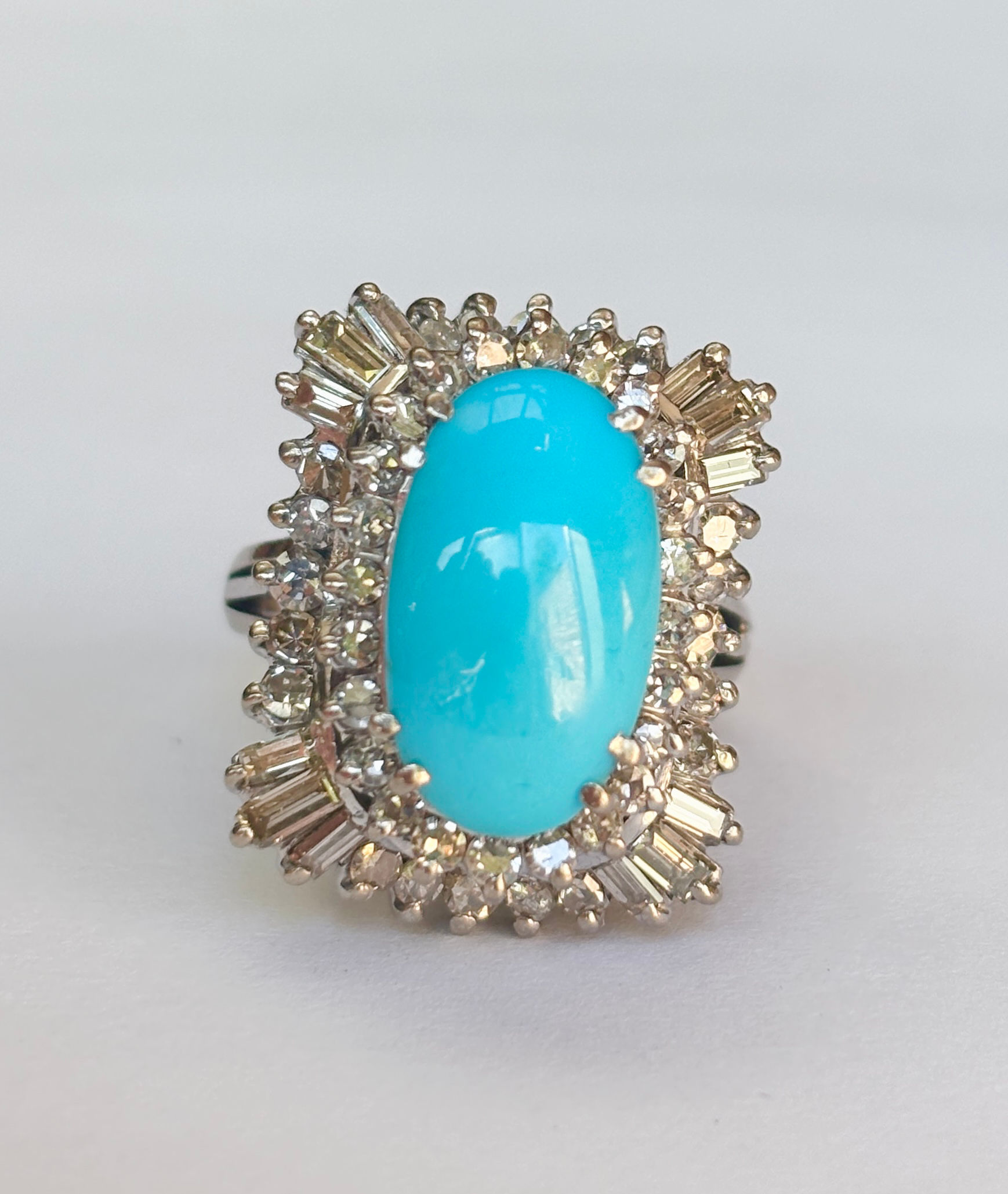 Vintage 18ct white gold turquoise diamond cocktail ring, N.5-O, US 7.25-7.5