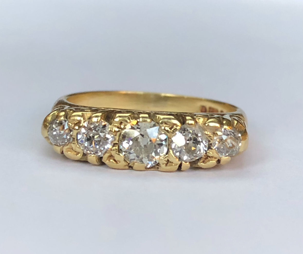 Vintage 18ct yellow gold 5 stone old cut diamond half hoop ring, UK N.5, US 7