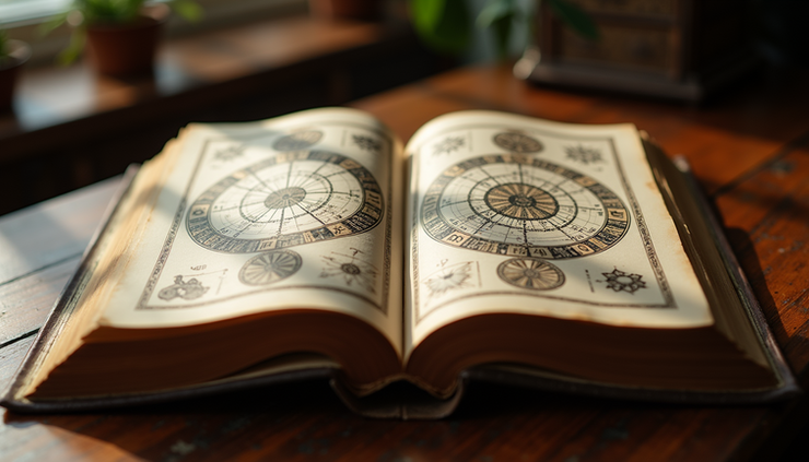 Eye-level view of an open ancient book with astrological charts and symbols