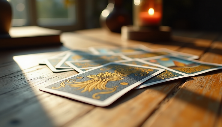 Eye-level view of a tarot deck spread on a wooden table with soft natural light