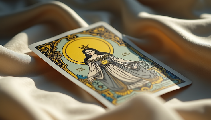 Close-up view of a single tarot card, The Empress, resting on a soft fabric with natural light