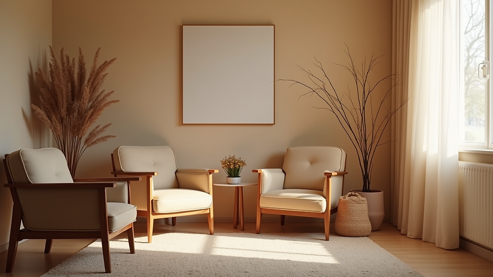 Eye-level view of a cozy therapy room with two chairs and soft lighting