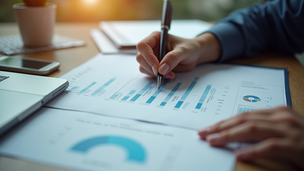 Close-up view of a person reviewing project documentation with charts on a desk
