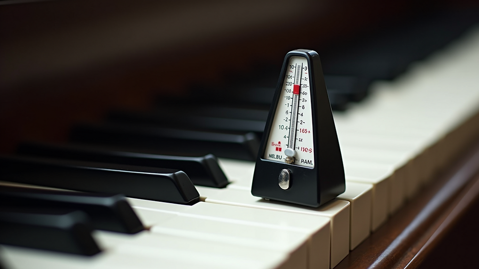 High angle view of piano keys with a metronome