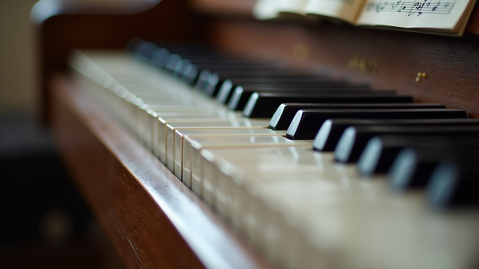 Eye-level view of a piano keyboard with sheet music