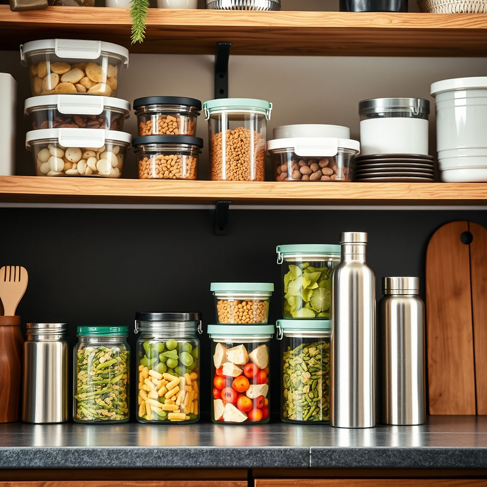 Neatly organized pantry with jars of snacks, nuts, and grains, plus metal bottles on a wooden shelf. Modern kitchen feel, no visible text.