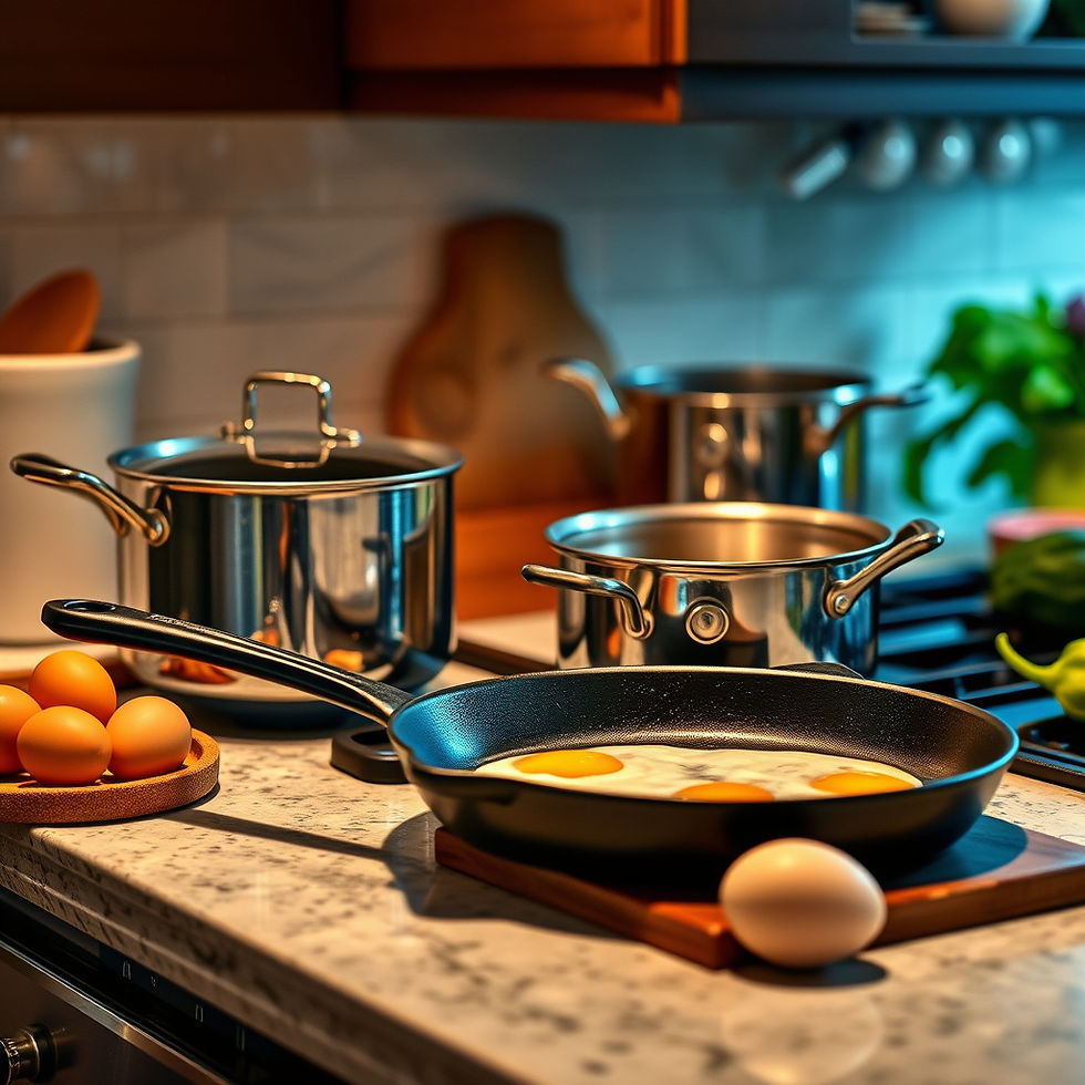Frying eggs in a black pan on a marble countertop, with pots, a bowl of eggs, and leafy greens nearby in a cozy kitchen setting.